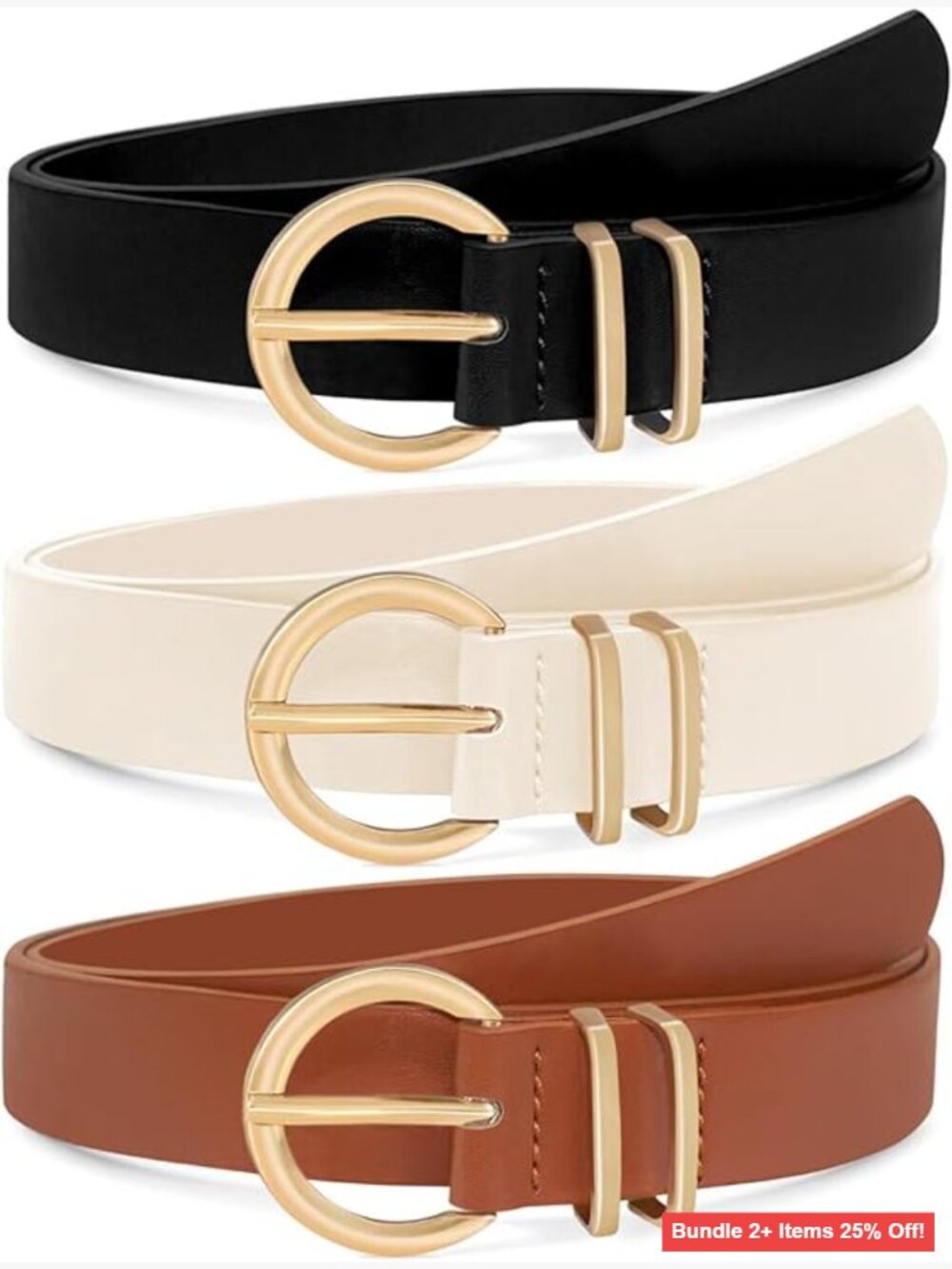 3 Pack Women's Faux Leather Belts Gold Buckle Casual Skinny Waist Belts